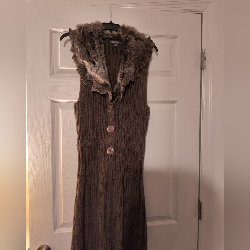 Sleeveless Midi Cardigan w/Faux Fur & Ruffles